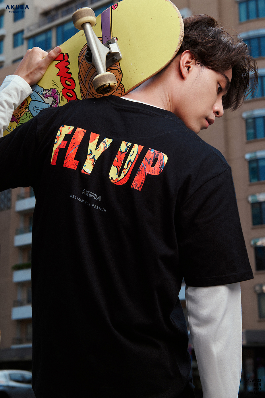 Áo thun nam đen tay ngắn AKUBA form oversize, vải 100% cotton, họa tiết in gel không rách, không co rút 01JW023