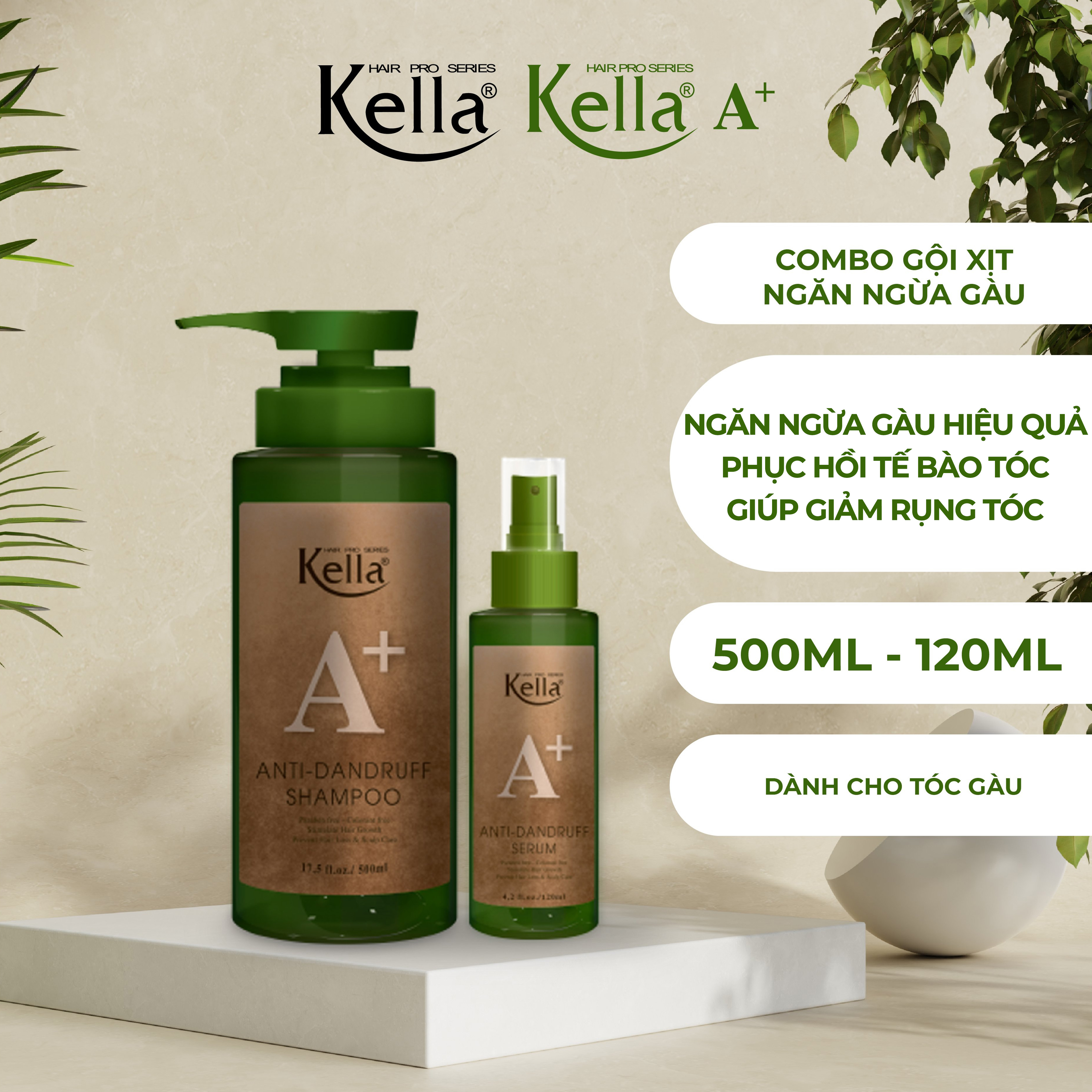 Combo dầu gội xịt ngăn ngừa gàu Kella A+ Nori Complex (Chai 500ml/120ml)