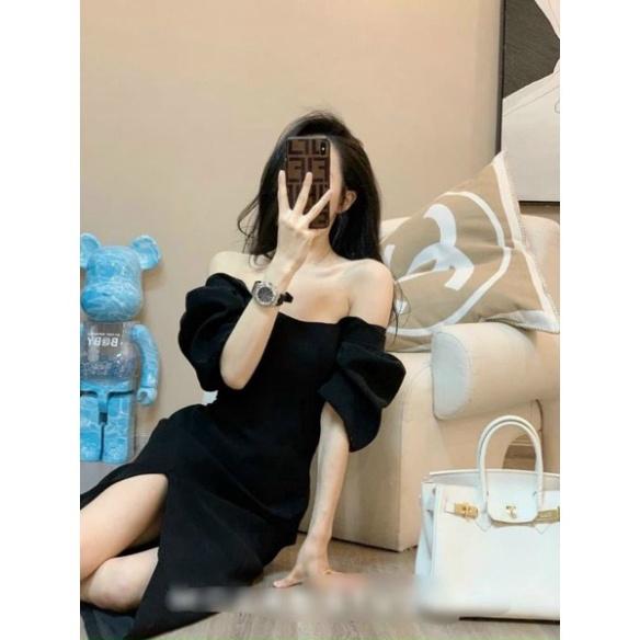 Đầm midi ôm body cotton tay phồng xẻ đùi đen cổ vuông cúp ngực trễ vai tôn dáng đi biển dự tiệc cao cấp size S M L