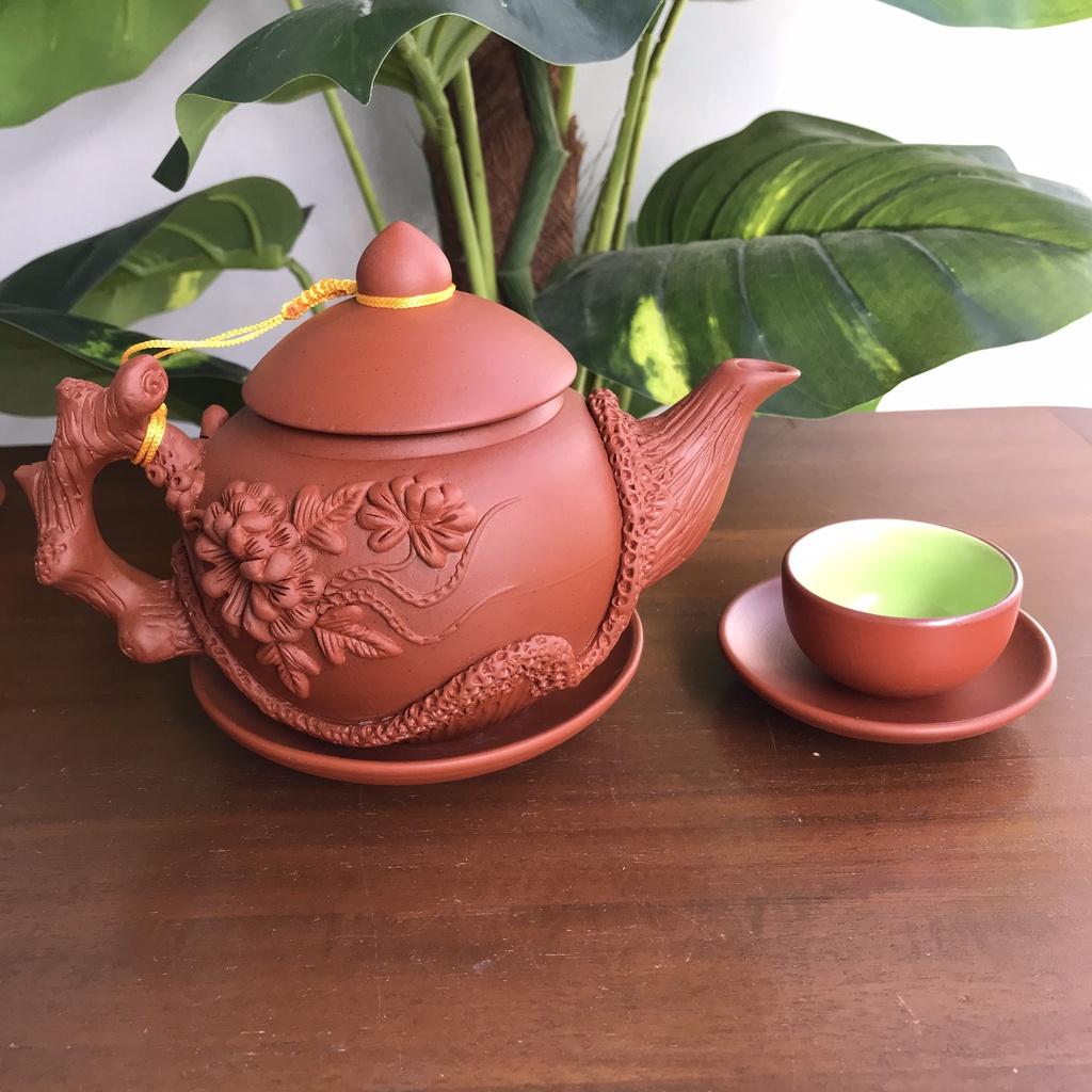 Bộ ấm chén trà Tử sa Bát Tràng Hoa Phù Dung đỏ 400ml