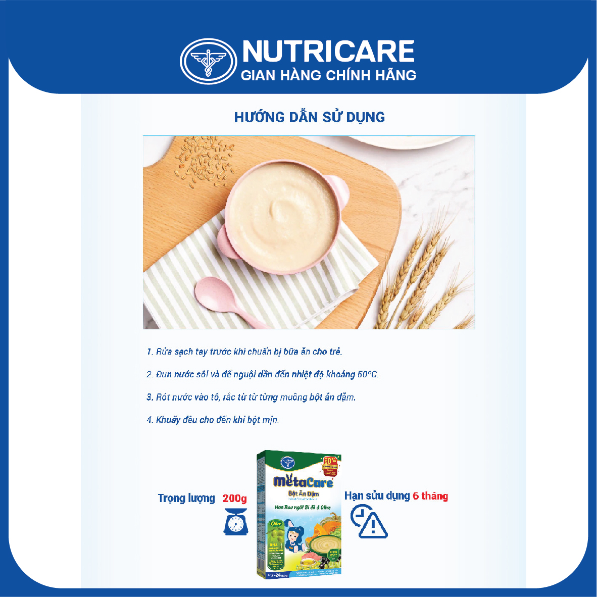 Bột ăn dặm Nutricare Metacare Heo rau ngót bí đỏ &amp; olive 200g