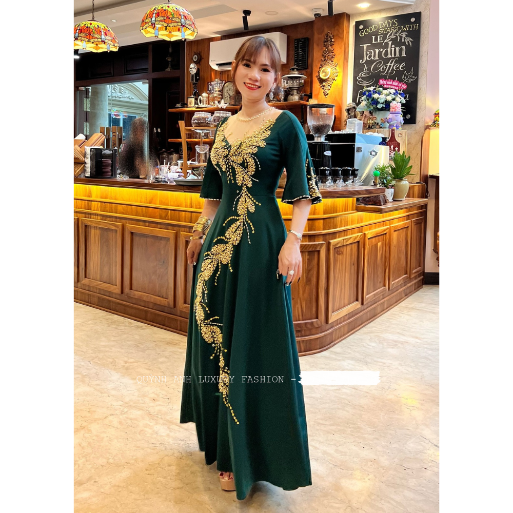 Đầm Xòe Dạ Hội Xanh Rêu Dáng Dài Tay Loe Đính Đá Cao Cấp Kane Dress