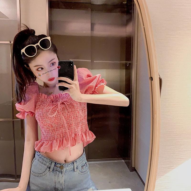 Áo Kiểu Tay Phồng Cổ Vuông Phối Nơ Họa Tiết Sọc Caro Phong Cách Retro