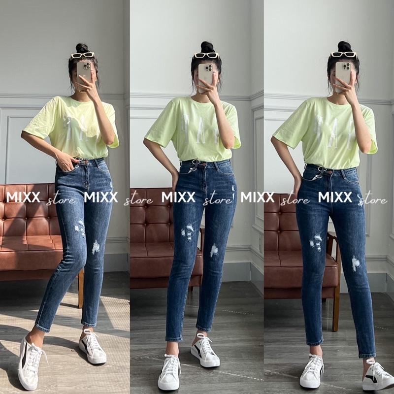 Quần jean nữ skinny rách xước lưng cao ngang rốn chất dày dặn co giãn thoải mái phom 9 tấc