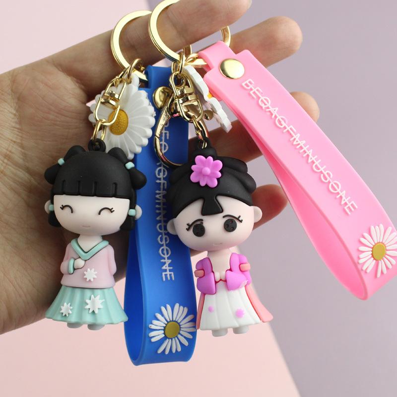 2 gói móc khóa cô gái trong cung điện nhỏ của Hanfu mặt dây chuyền silicon ba chiều túi đựng chìa khóa xe hơi của cô gái nhỏ
