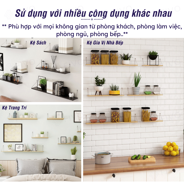 Kệ Gỗ Treo Tường Trang Trí Decord Thương Hiệu FIVO FB40 Không Cần Khoan Với Móc Treo Inox Dễ Dàng Gắn Lên Tường (Màu Trắng, Đen) - Hàng Chính Hãng