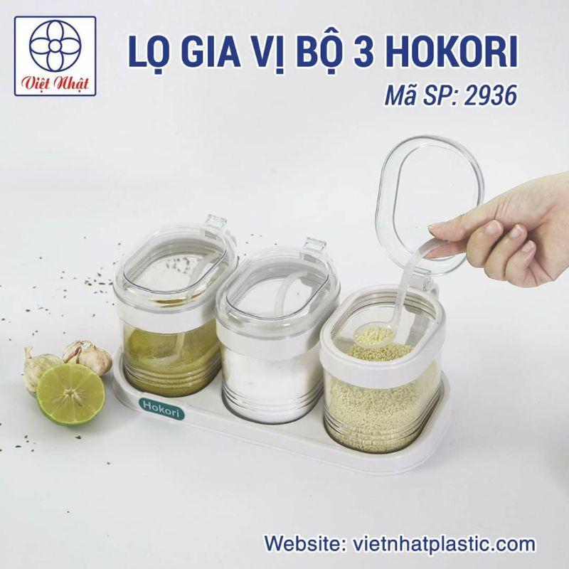 Set 3 hũ đựng gia vị HOKORI nhựa trắng trong suốt kèm muỗng dung tích 700ml