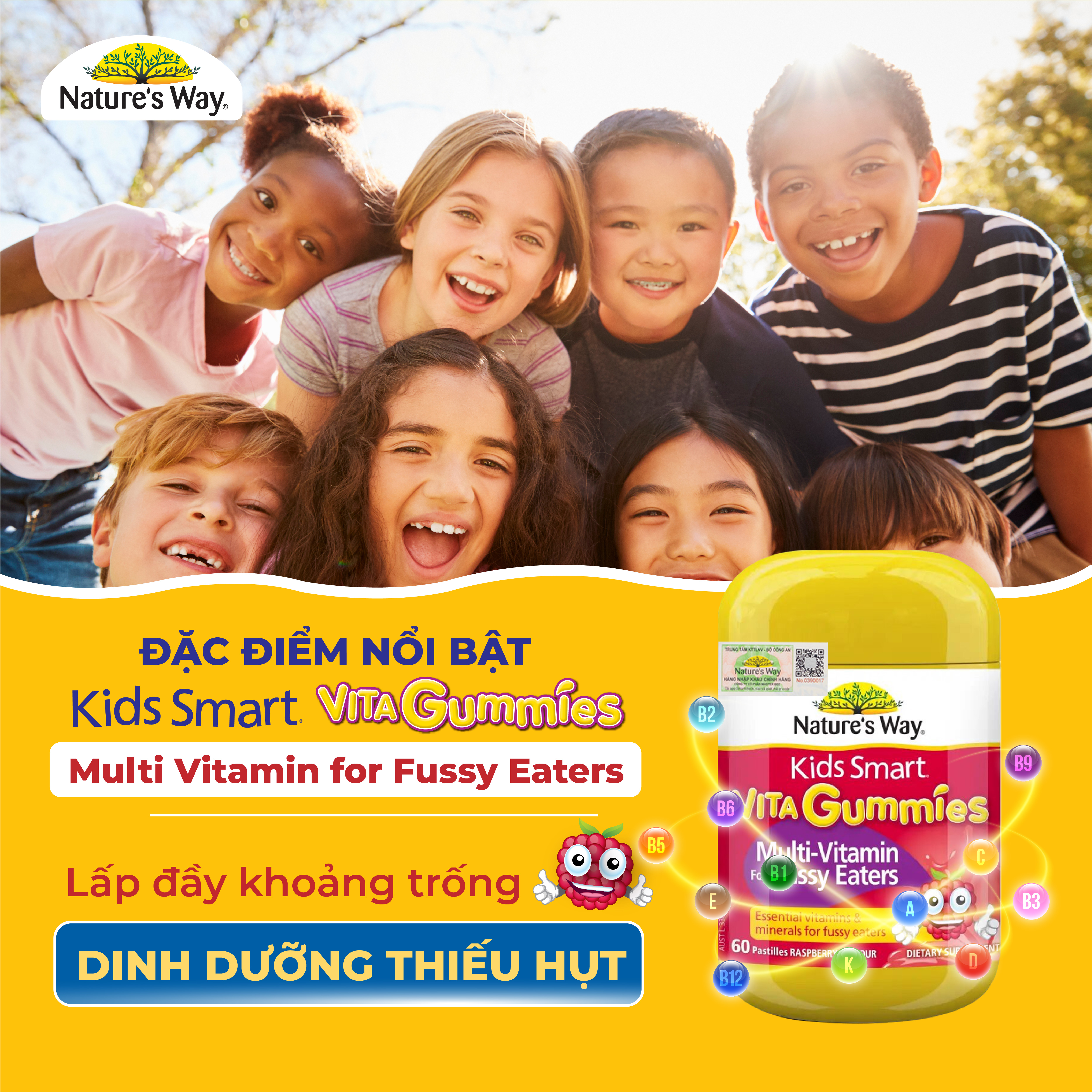 Kẹo Dẻo Vi Chất Cho Bé Nature's Way Kids Smart Vita Gummies Multi Vitamin for Fussy Eaters Kích Thích Ăn Ngon 60 Viên