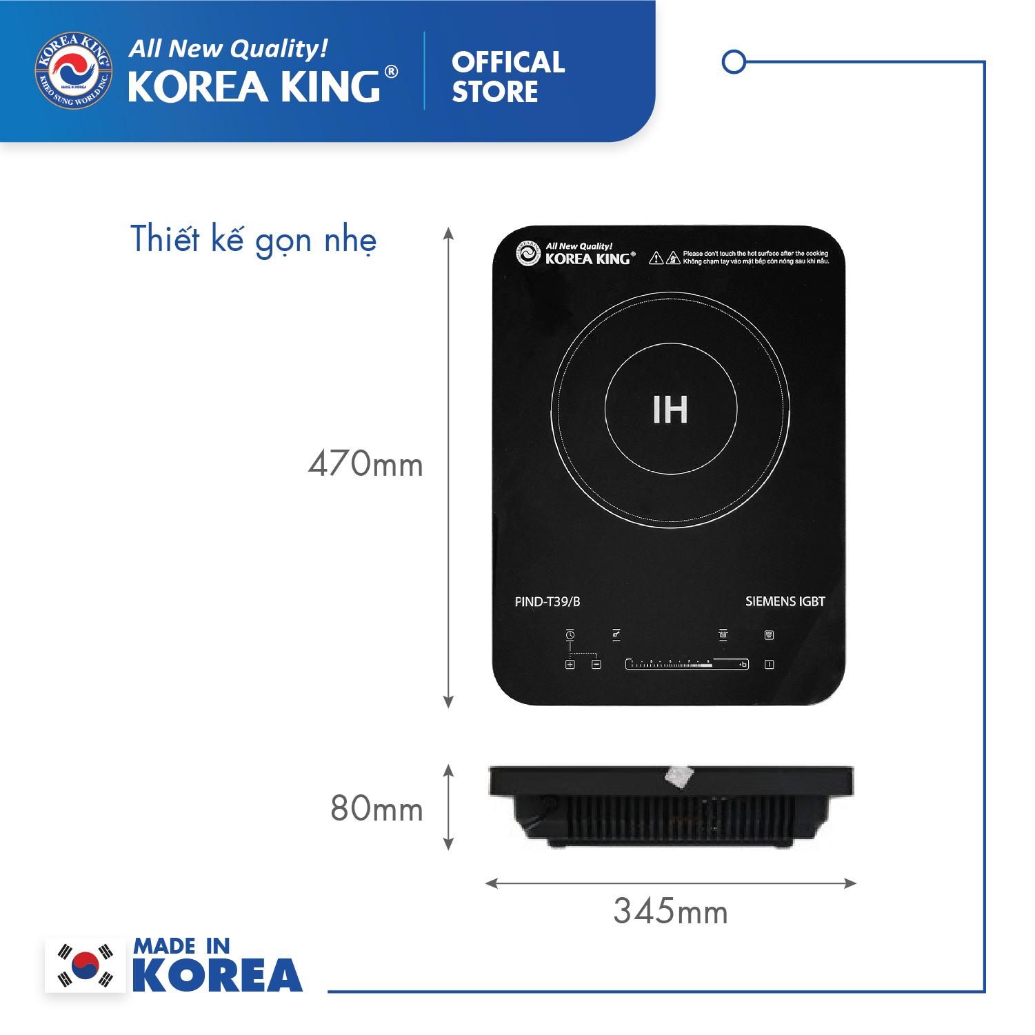 Bếp điện từ Korea King PIND-T39B (bếp đơn, mặt kính cường lực, công suất 2000W ) - Hàng chính hãng