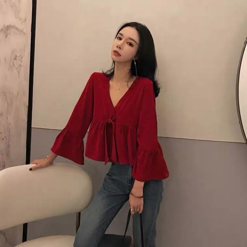 Áo babydoll croptop thắt nơ ngực màu đỏ đô