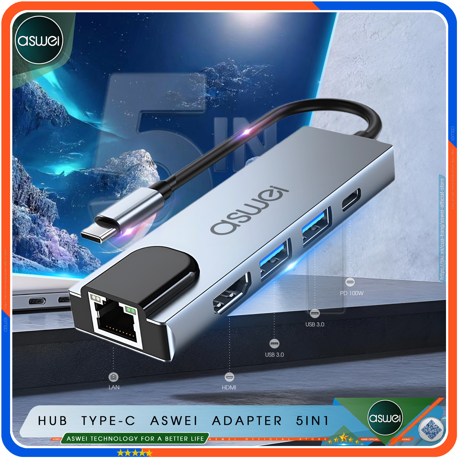 Hub Type C ASWEI 5in1 - Hub Chuyển Đổi USB Type-C To HDMI Chuẩn HDTV - Cổng Mạng Lan / HDMI 4K / USB 3.0 / Sạc Nhanh Type C PD - Kết Nối Nhiều Thiết Bị Với Tốc Độ Cao - Dành Cho MacBook / Tivi / Laptop / PC/ Máy Tính Bảng / Smartphone – Hàng Chính Hãng