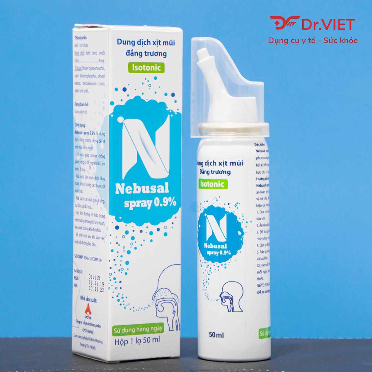 Dung dịch nước biển xịt mũi đẳng trương Nebusal spray 0.9% chai 50ml vệ sinh mũi, ngừa nghẹt mũi, sổ mũi