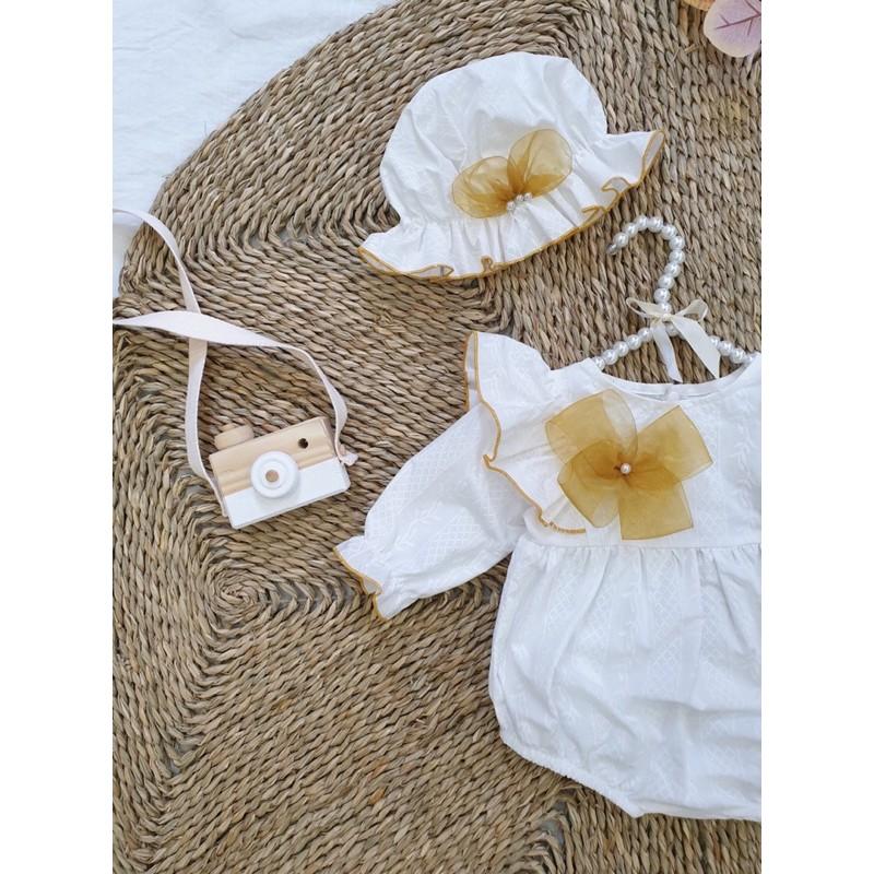 Body Handmade trắng nơ vàng bé gái phối nơ kèm nón 4kg-12kg