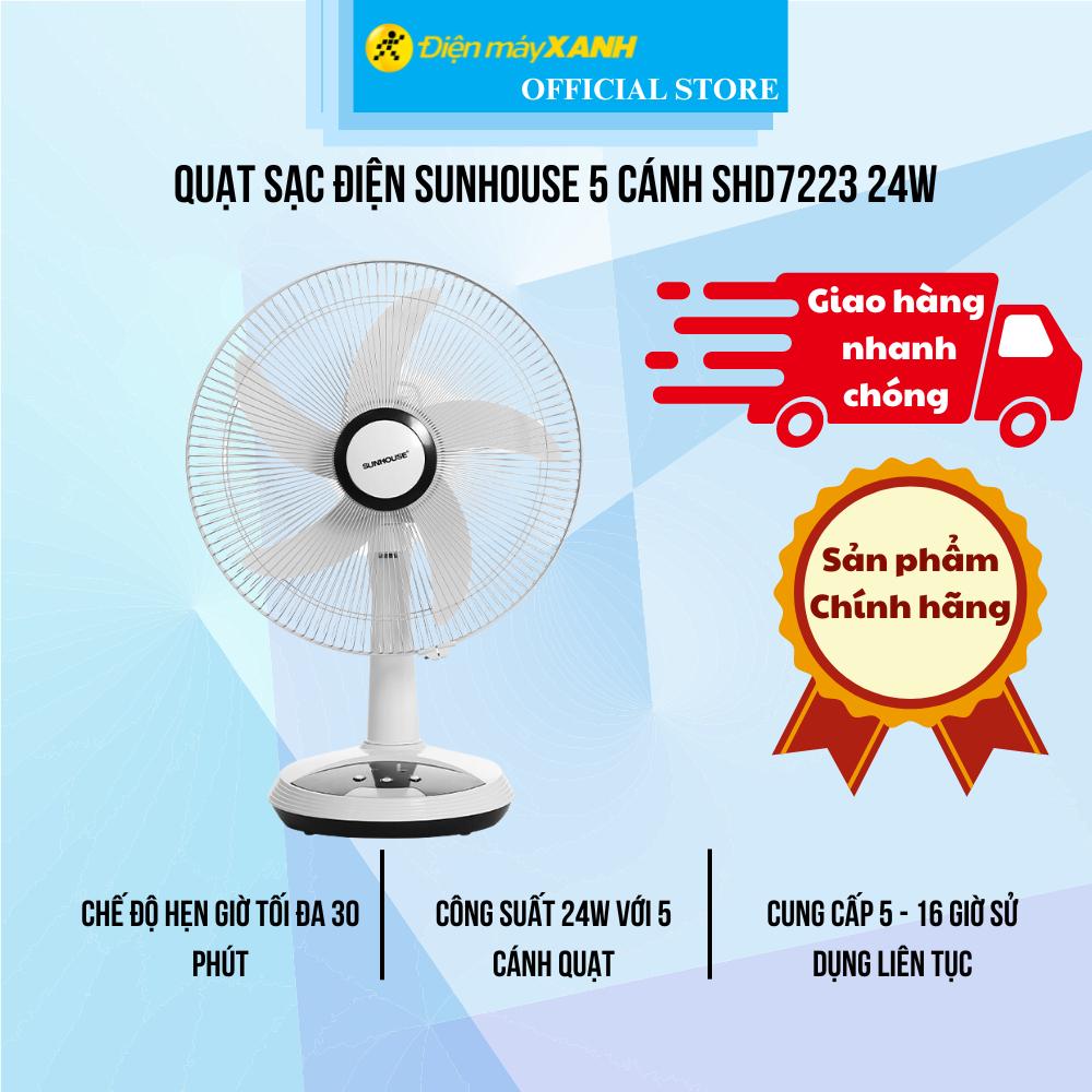 Quạt sạc điện Sunhouse 5 cánh SHD7223 24W - Hàng Chính Hãng