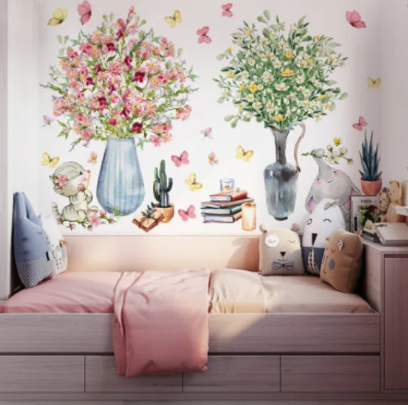 Decal trang trí tường - Chú voi và chú mèo cùng 2 bình hoa xinh