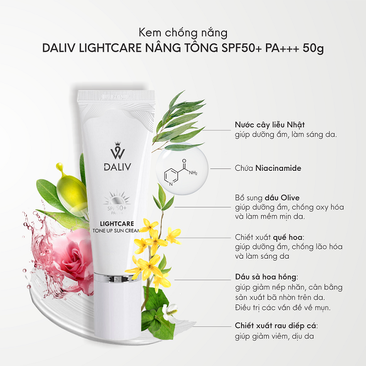 Kem chống nắng nâng tông Daliv Lightcare SPF50+ PA+++ 50g