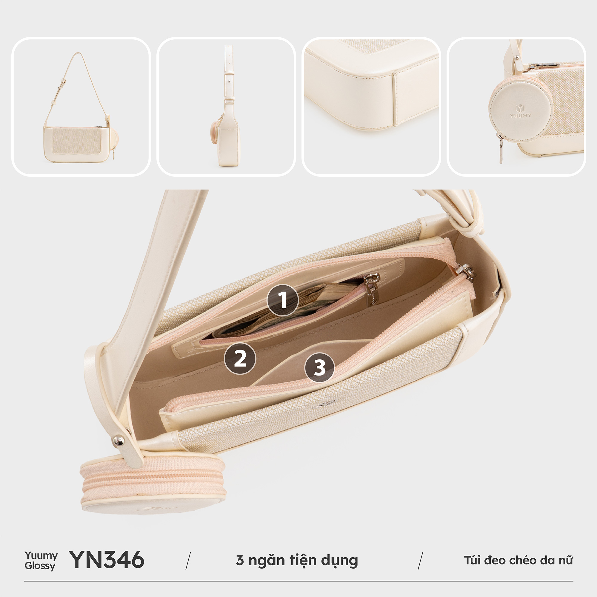Túi Yuumy ( Thời trang nữ size 22 phối ví mini - Túi đeo chéo da Glossy YN346 )