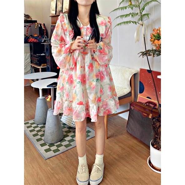ĐẦM BABYDOLL TAY DÀI HOẠ TIẾT HOA PHONG CÁCH HÀN QUỐC