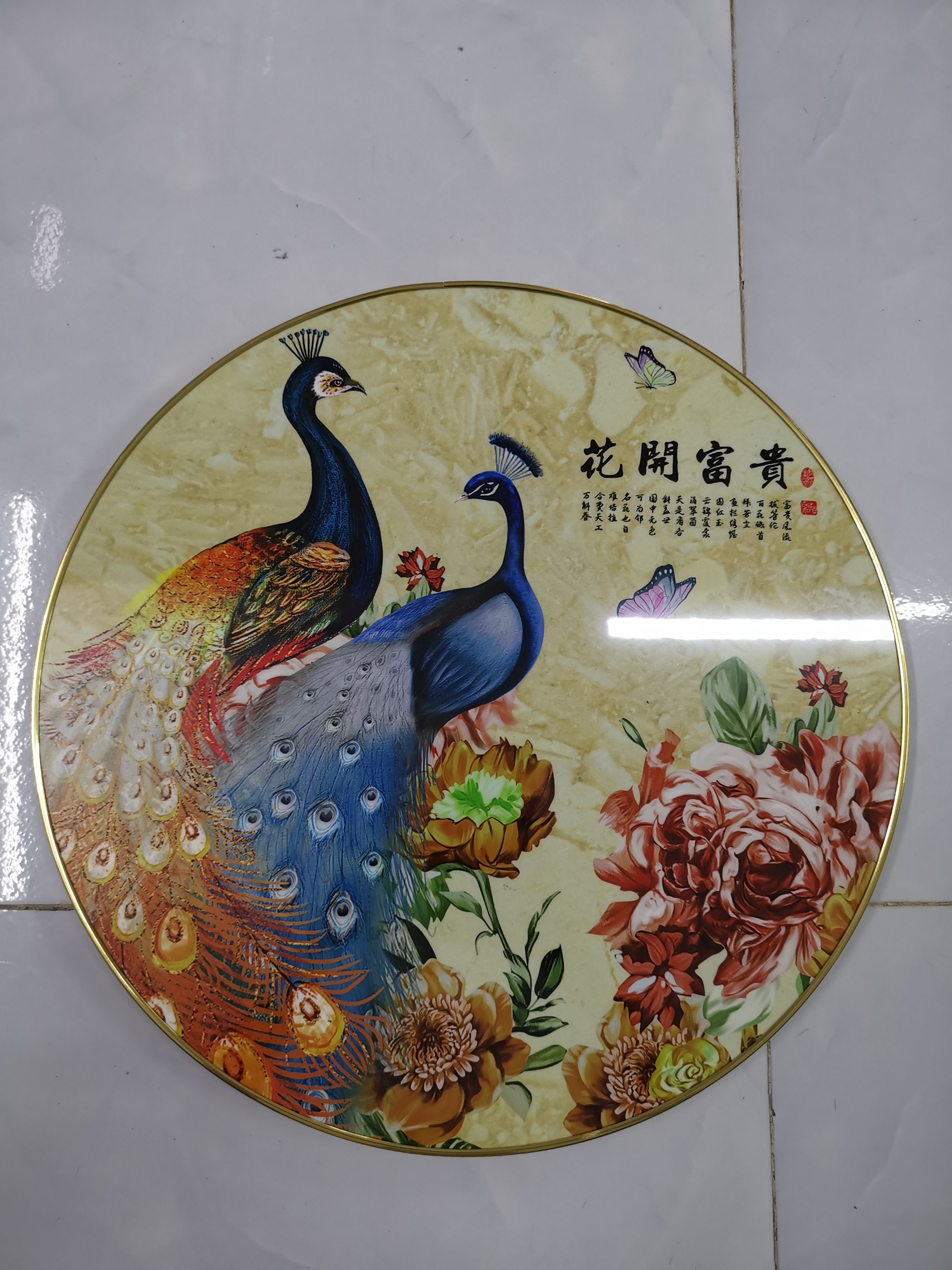 Tranh treo tường hình tròn trang trí phòng ngủ HD Đôi chim công Hytk158 TG đường kính 40 cm phủ bóng laminate tặng đinh 3 chân treo tranh
