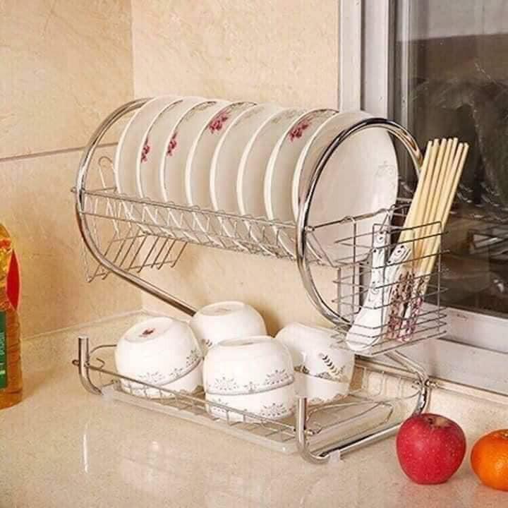 Giá úp bát đĩa 2 tầng inox có khay hứng nước