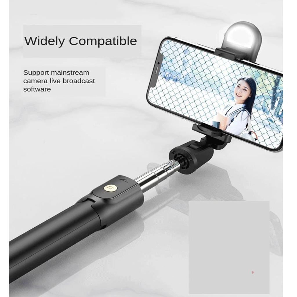 Wireless Bluetooth Selfie Stick w/Fill Light Tripod Remote Control Black
