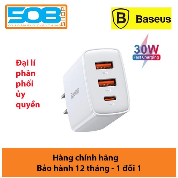 Củ sạc nhanh Baseus compact quick charger 3 cổng 2A1C 30W- hàng chính hãng