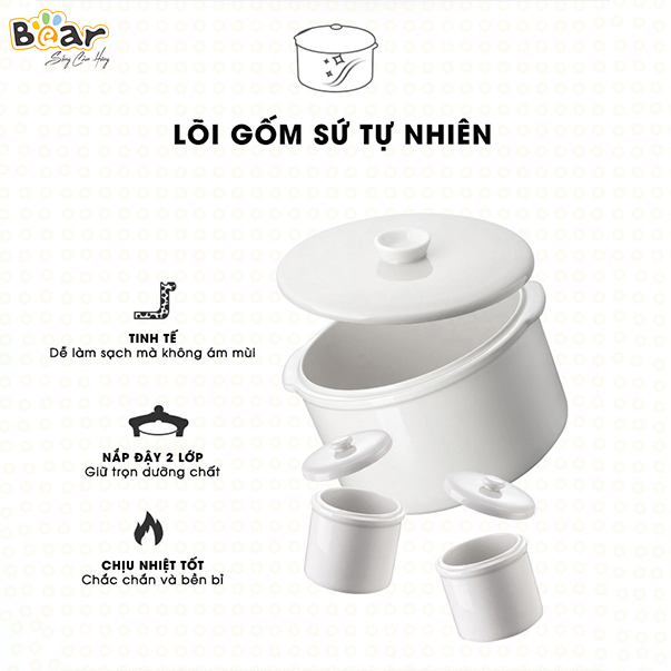 [Hàng Chính Hãng] Nồi nấu chậm Bear SUBE002 1,6L (có lồng hấp) màu nâu với 7 chức năng cho các hoạt động: Nấu, hấp, hầm cách thủy, giữ 100% giá trị dinh dưỡng, ... có ruột nồi bằng sứ cao cấp