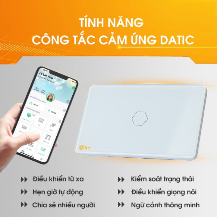 Công tắc thông minh HUNONIC DATIC 1 nút màu trắng - Điều khiển từ xa bằng điện thoại - Công nghệ 4.0