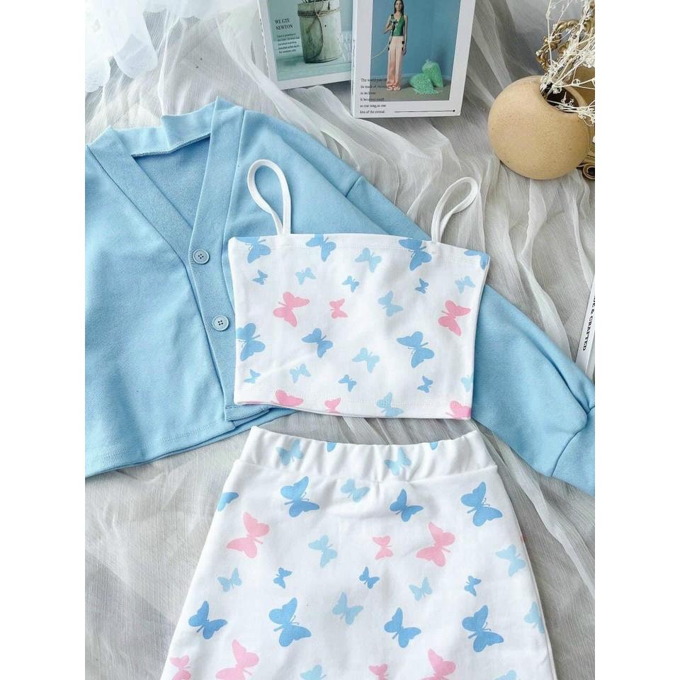 Set 3 món croptop kèm áo khoác, Set áo ống dây mix chân váy ngắn kèm áo cardigan bướm DK-0046 màu xanh