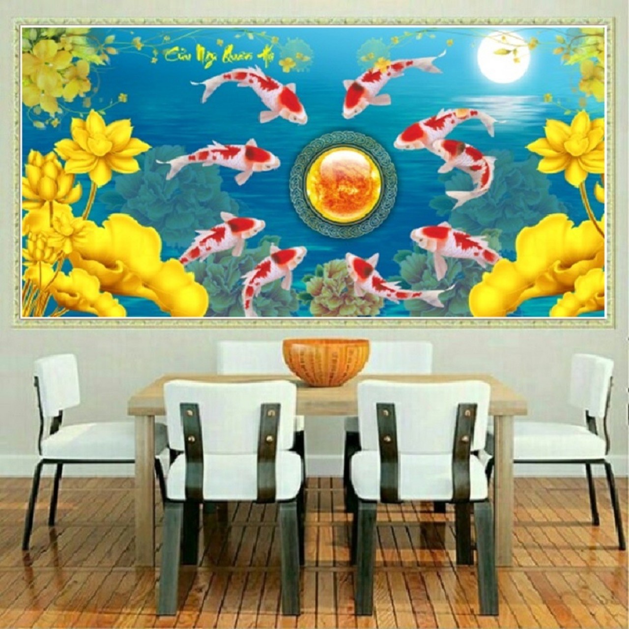 Tranh đính đá Cửu ngư quần hội 100x54cm - chưa đính