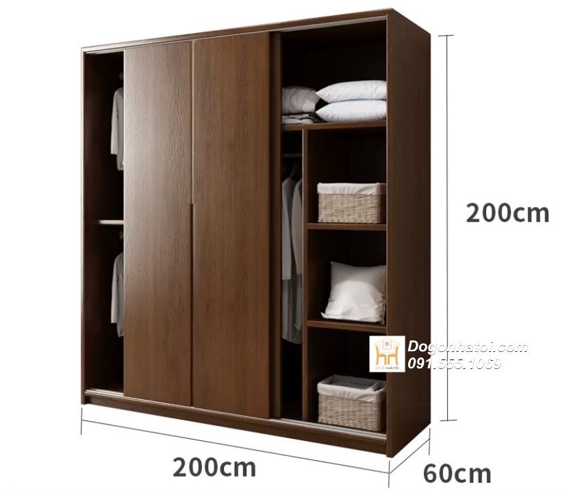 Tủ quần áo của lùa 3 cánh gỗ sồi màu óc chó 2m x 2m - TA230 (4.200k/m2)