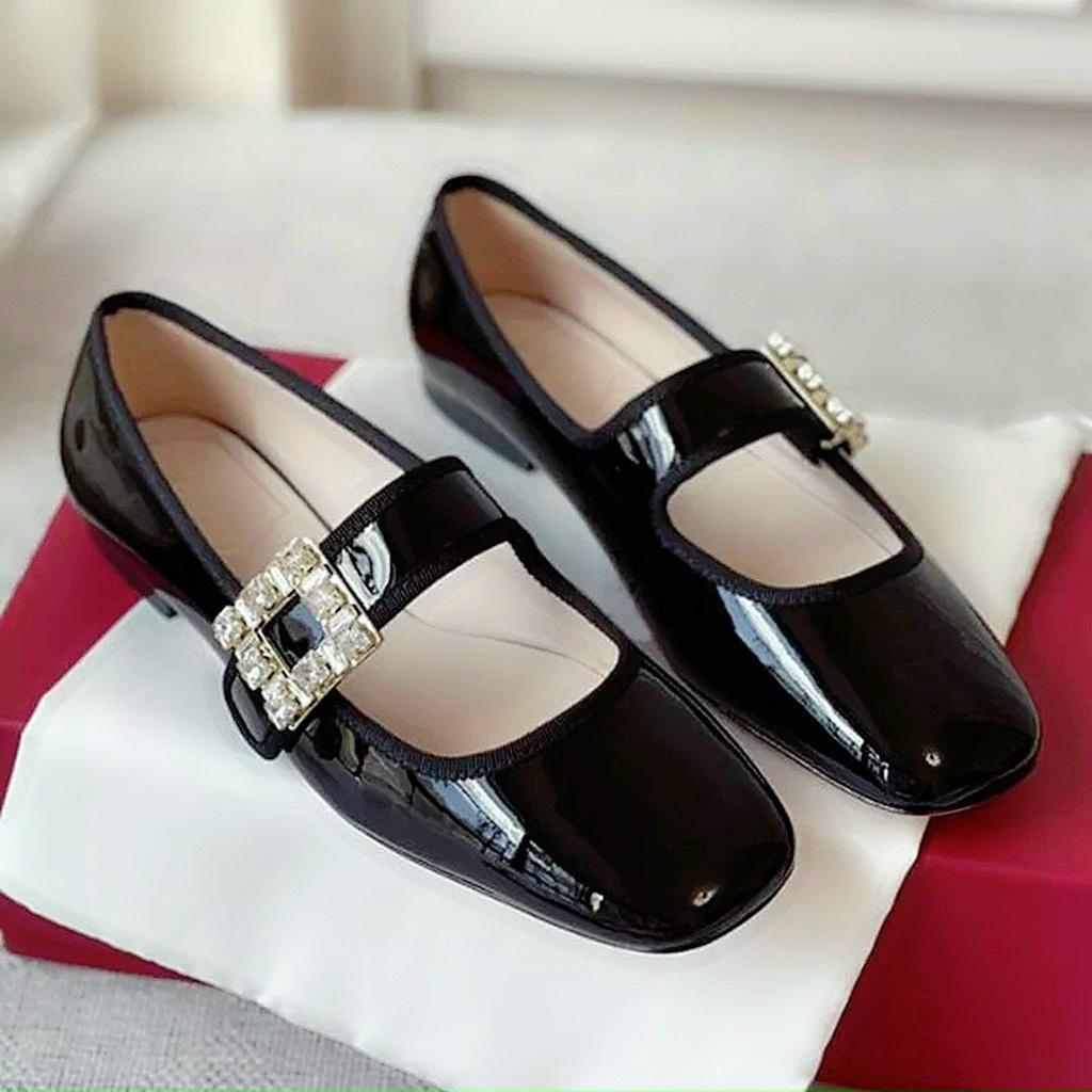 Giày búp bê nữ đế bằng mũi vuông da bóng quai ngang đính đá phong cách Hàn Quốc trẻ trung - Mã G56