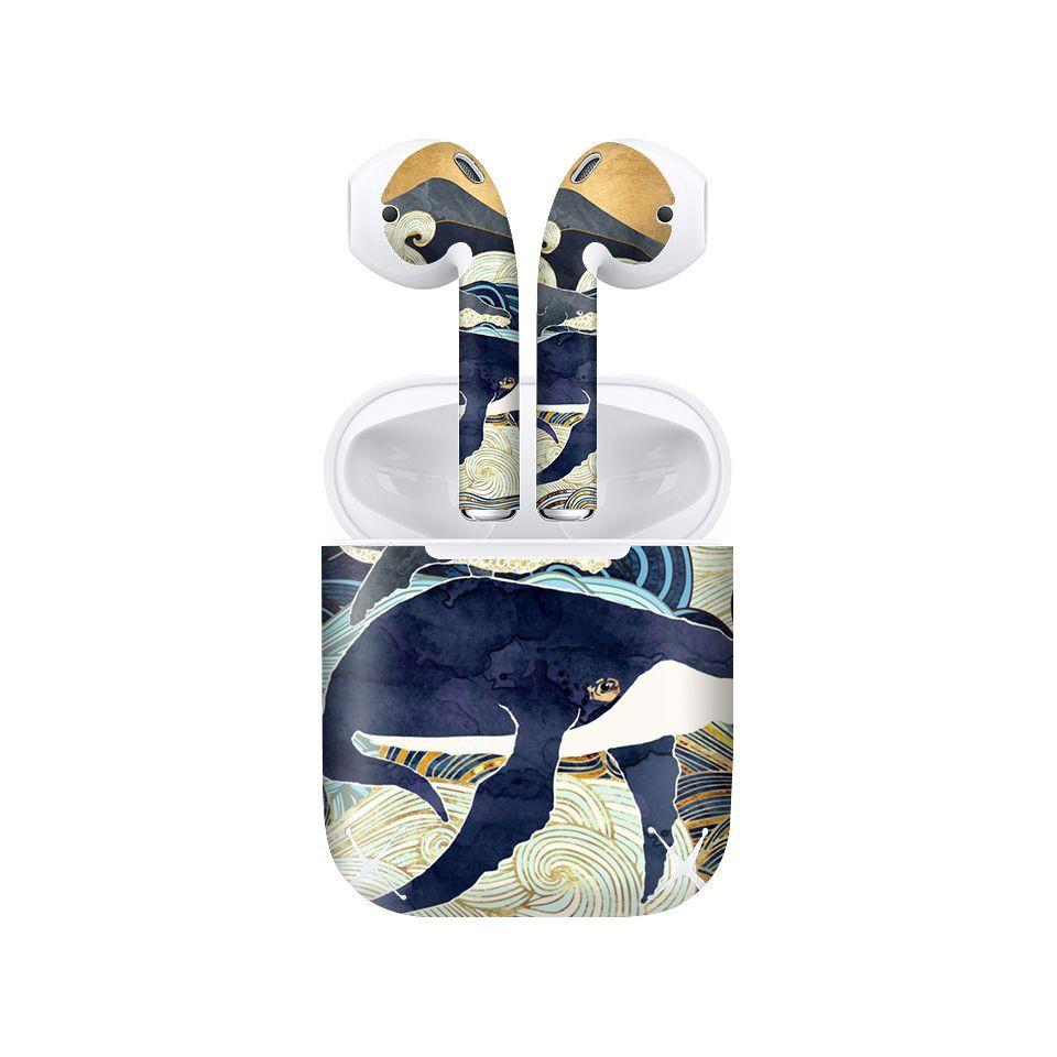Miếng dán skin cho AirPods in hình cá voi xanh - giả sơn mài - GSM138