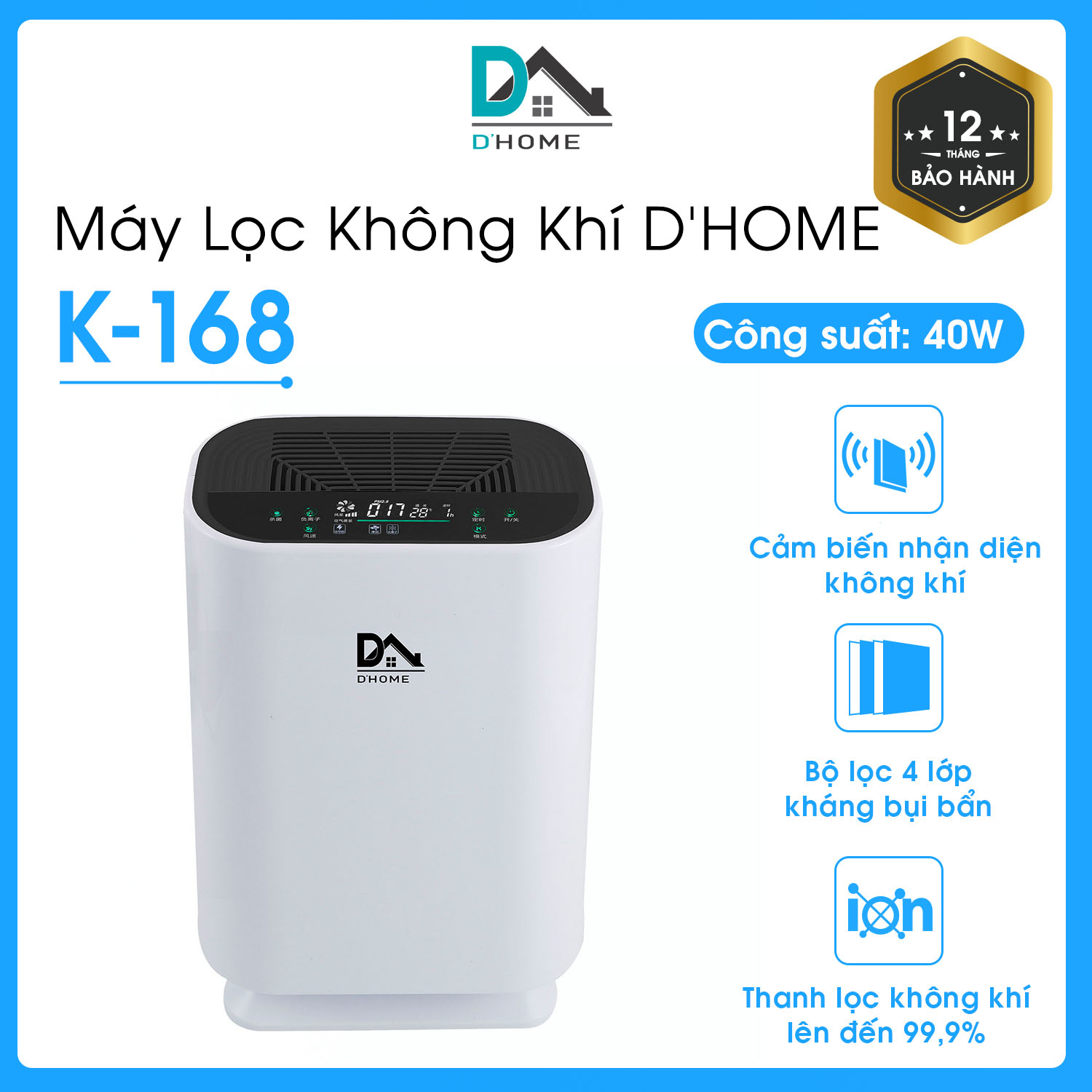 Máy Lọc Không Khí DHOME K-168 - Lọc Sạch Vi Khuẩn Và Khử Mùi- Máy Lọc Không Khí Trong Phòng - Hàng Chính Hãng