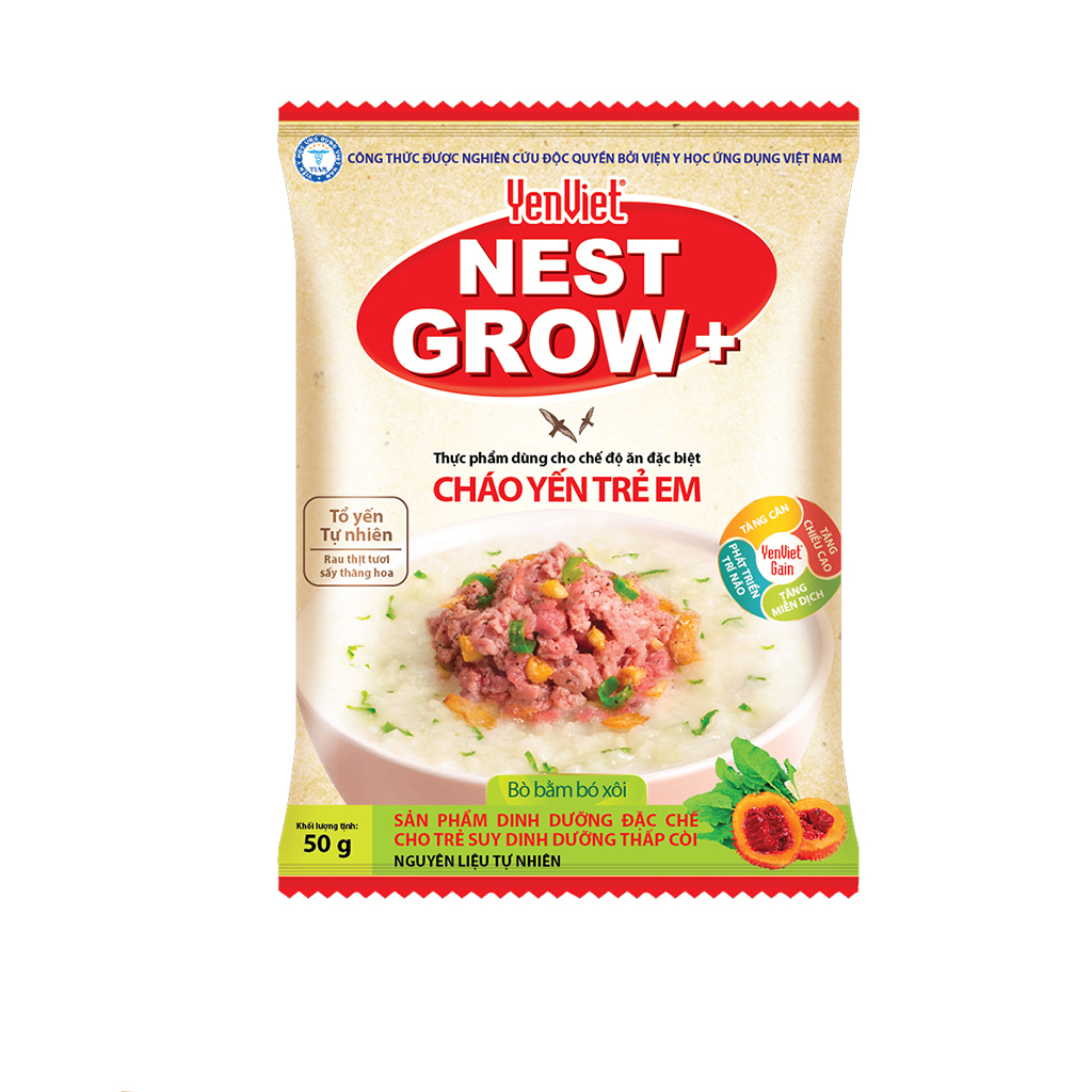 Cháo Yến Trẻ Em YenViet Nest Grow-Bò Bằm Bó Xôi (Thùng 30 gói x 50gr) - Công thức đặc chế cho trẻ suy dinh dưỡng thấp còi