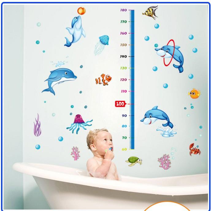 Decal trang trí thước đo cá heo xanh