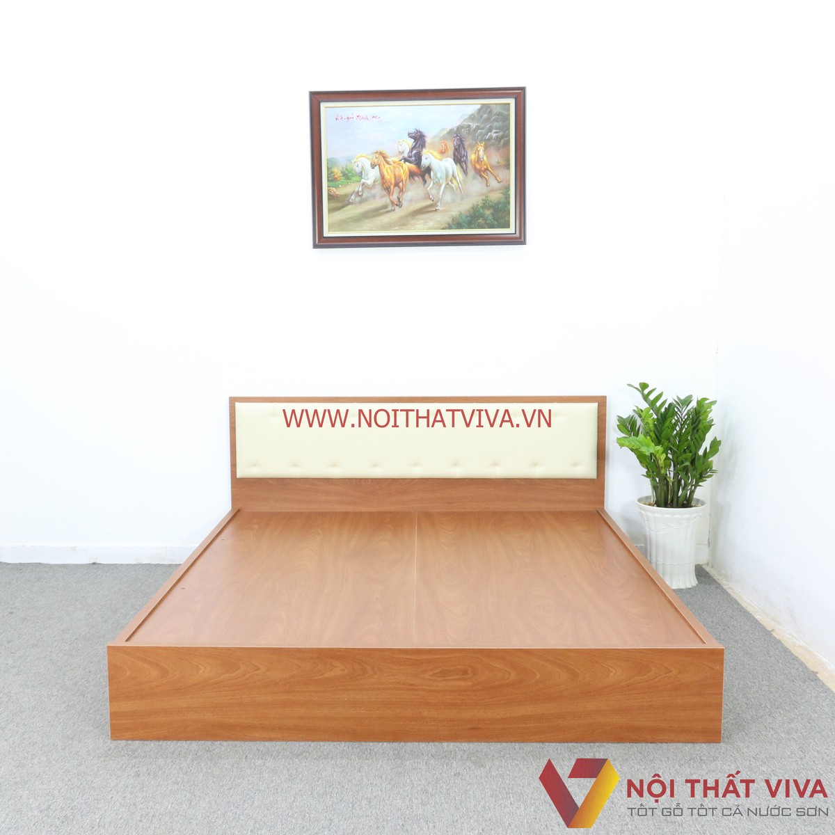 Giường Ngủ Gỗ MDF Melamine Màu Xoan Đào Có Đầu Nệm Kem Đẹp