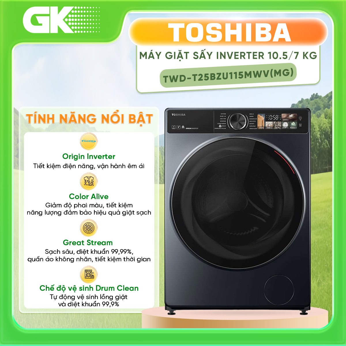 Máy giặt sấy Toshiba Inverter giặt 10,5 kg - sấy 7 kg TWD-T25BZU115MWV(MG) - Hàng chính hãng - Chỉ giao HCM