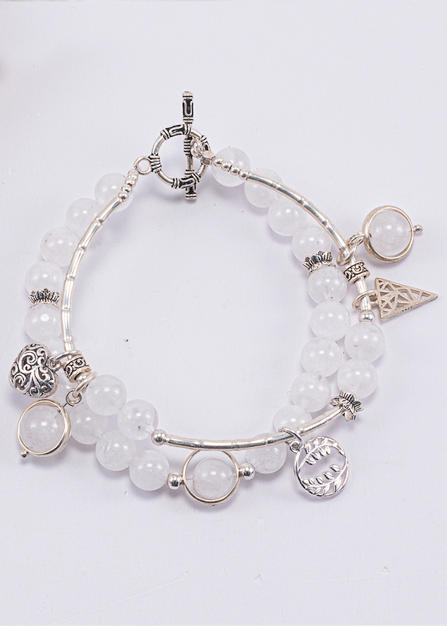 Vòng Tay Phong Thủy 2 Lines Nữ Đá Thạch Anh Ưu Linh Trắng Phối Charm Trái Tim  Mệnh Kim, Thủy Ngọc Quý Gemstones