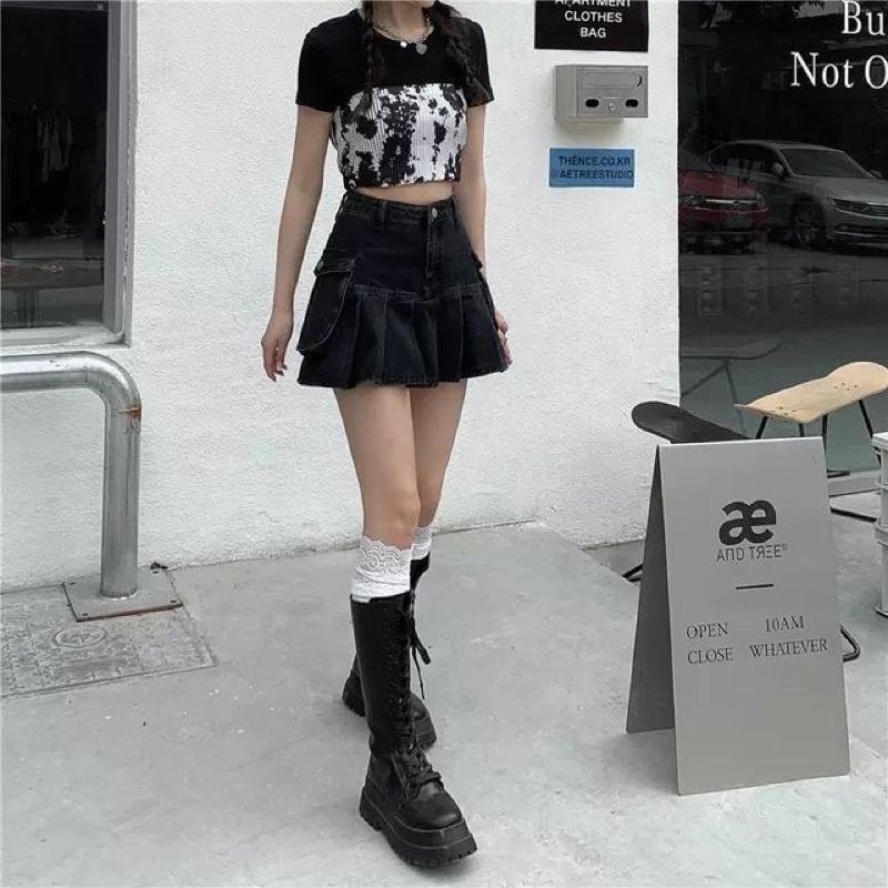(SẴN L, XL) CHÂN VÁY JEAN XOÈ XẾP LY PHONG CÁCH RETRO V6