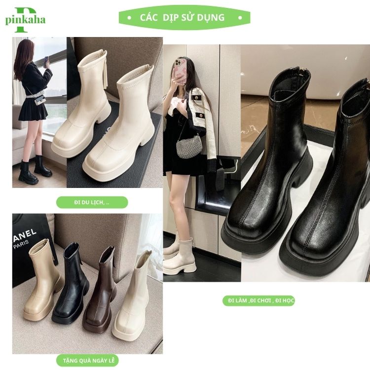 Bốt Nữ Đế Bánh Mì Boots Da Mềm Lót Nỉ Khóa Sau Cao Cấp Boot Mũi Tròn Thời Trang Đế Độn PINKAHA-GB20