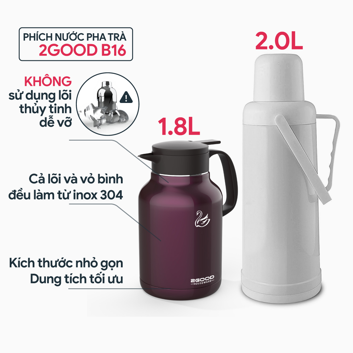 Bình Giữ Nhiệt, Pha Trà 2GOOD B16 1.8 Lít - Bình Ủ Giữ Nhiệt Nóng Lạnh Suốt 24h