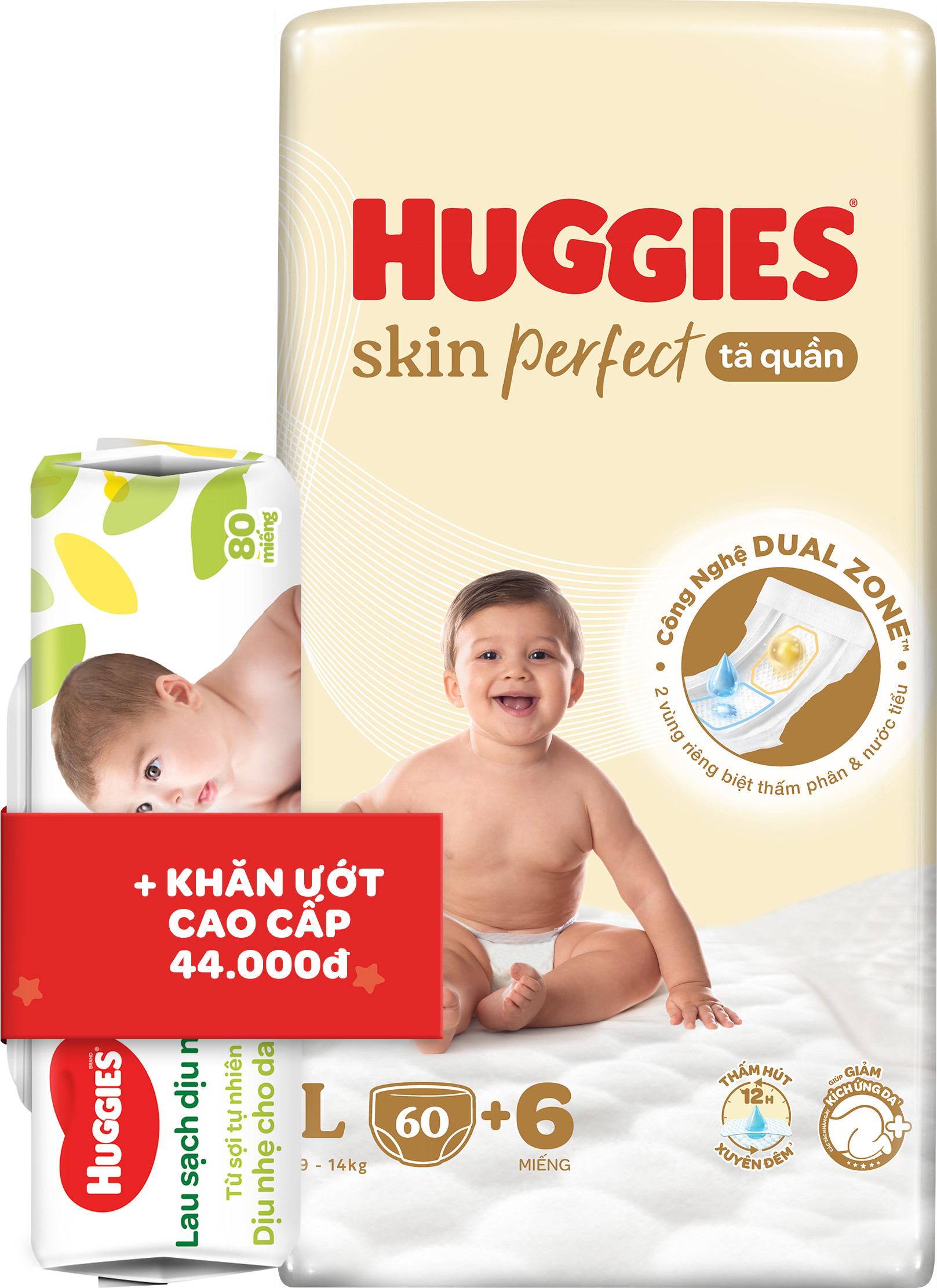[Tăng khăn ướt Huggies 80 miếng ] Tã quần Huggies Skin Perfect L Super Jumbo 60+6 miếng với 2 vùng thấm giảm kích ứng da