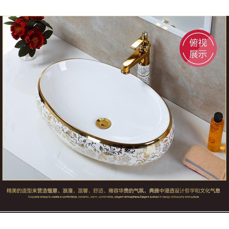 Chậu sứ lavabo để bàn hình oval, vân cổ điển màu vàng tuyệt đẹp