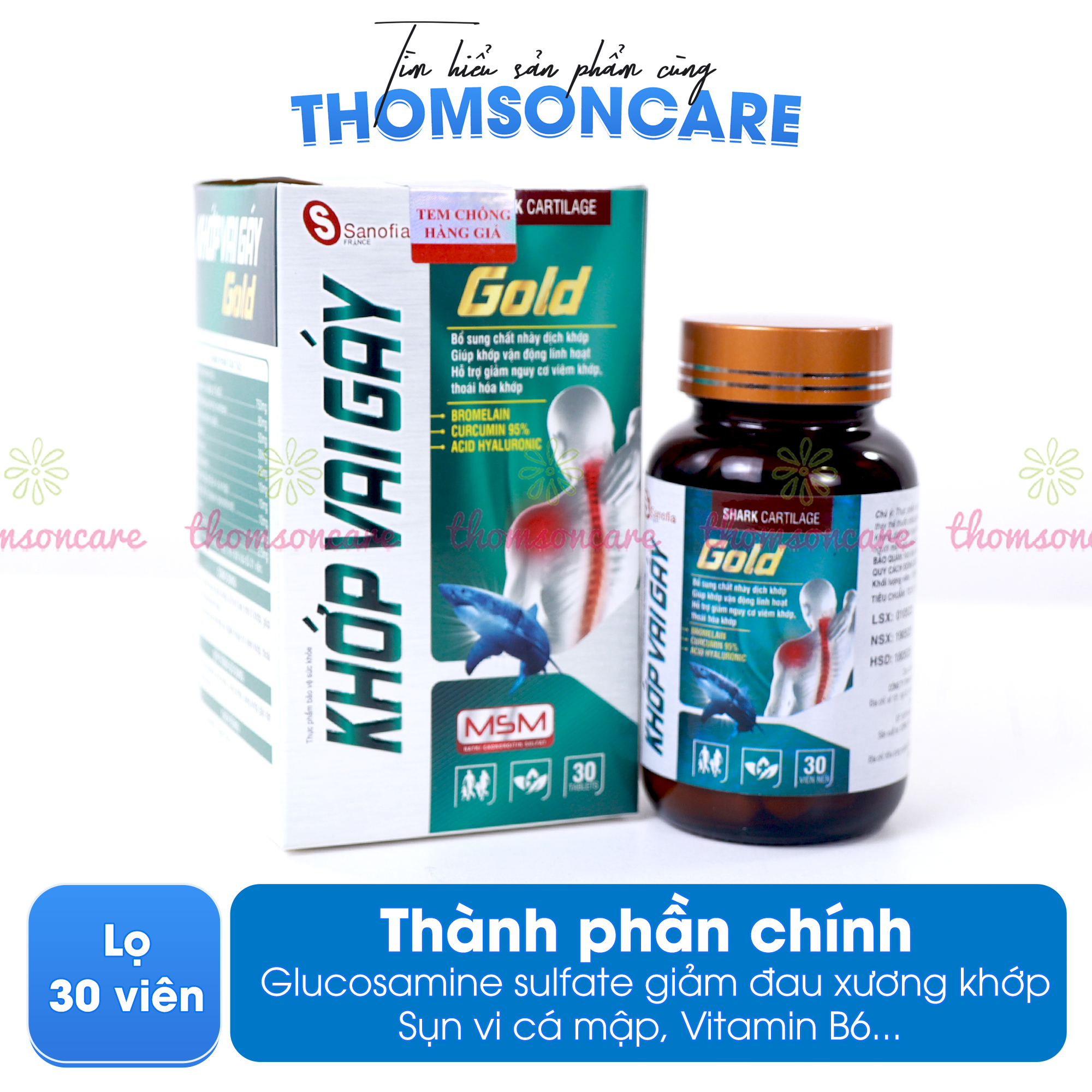 Viên uống bổ xương khớp vai gáy gold, bổ sung chất dịch nhày khớp, giúp khớp linh hoạt từ sụn vi cá mập - Lọ 30 viên Thomsoncare