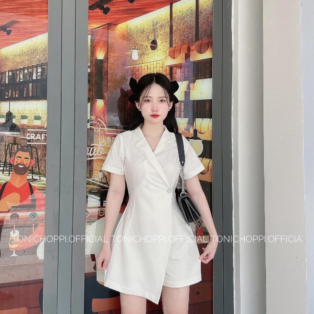 Jumpsuit nữ xòe kiểu sơ mi xẻ tà siêu xinh 2 màu sắc (Trắng, Nâu) giúp nàng nổi bật dự tiệc, dạo phố