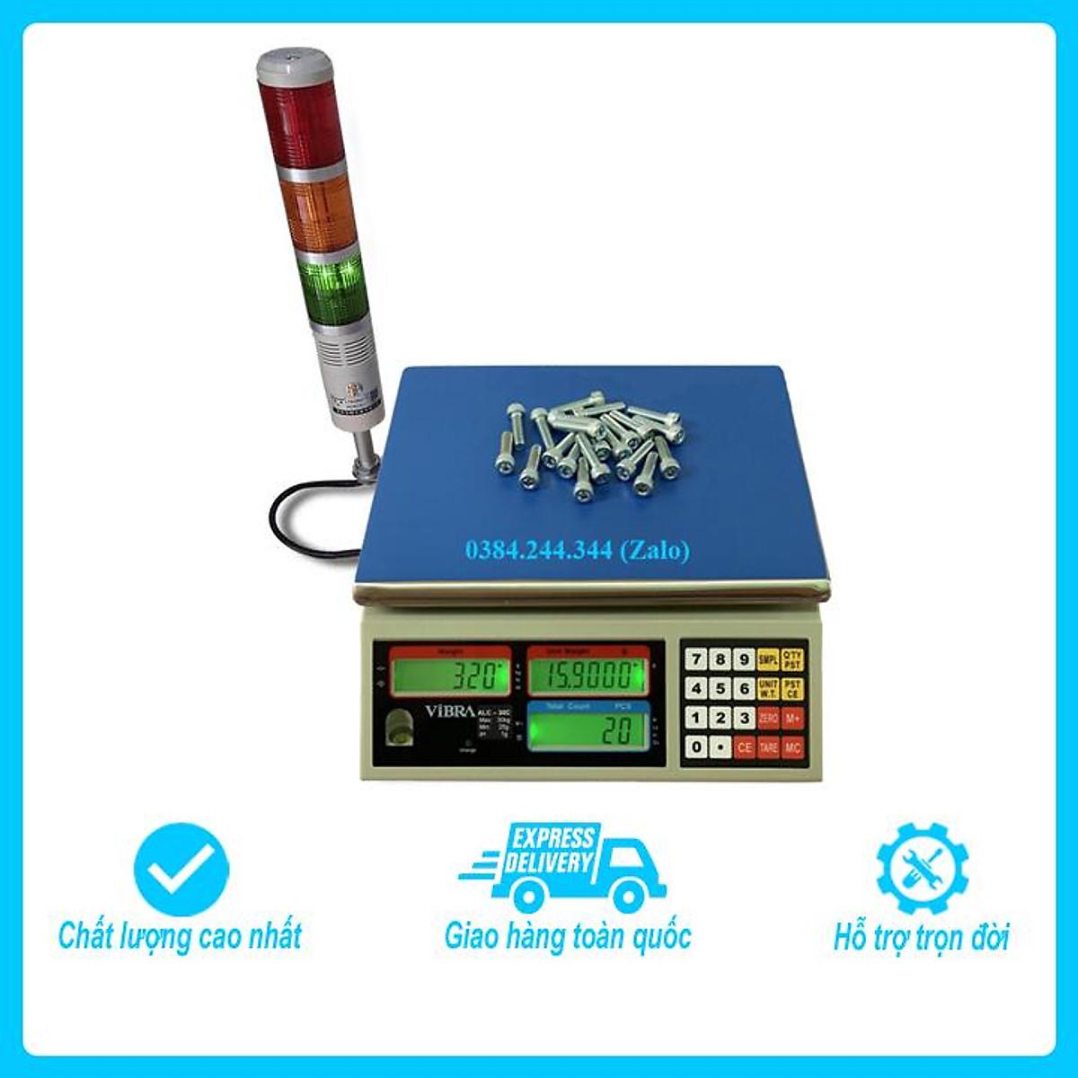 Bộ sản phẩm cân kiểm tra cảnh báo gồm cân điện tử đếm ALC 6kg/0.2g và đèn còi cảnh báo Đỏ -Vàng -Xanh