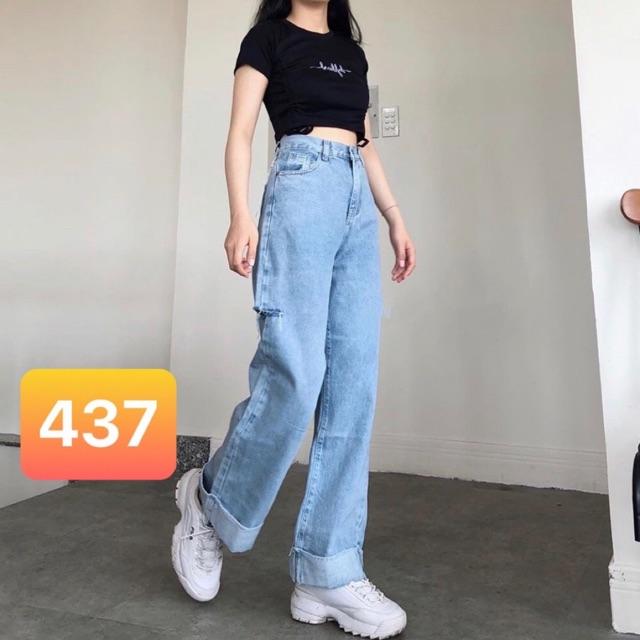 Quần Baggy Jeans ống suông lưng cao