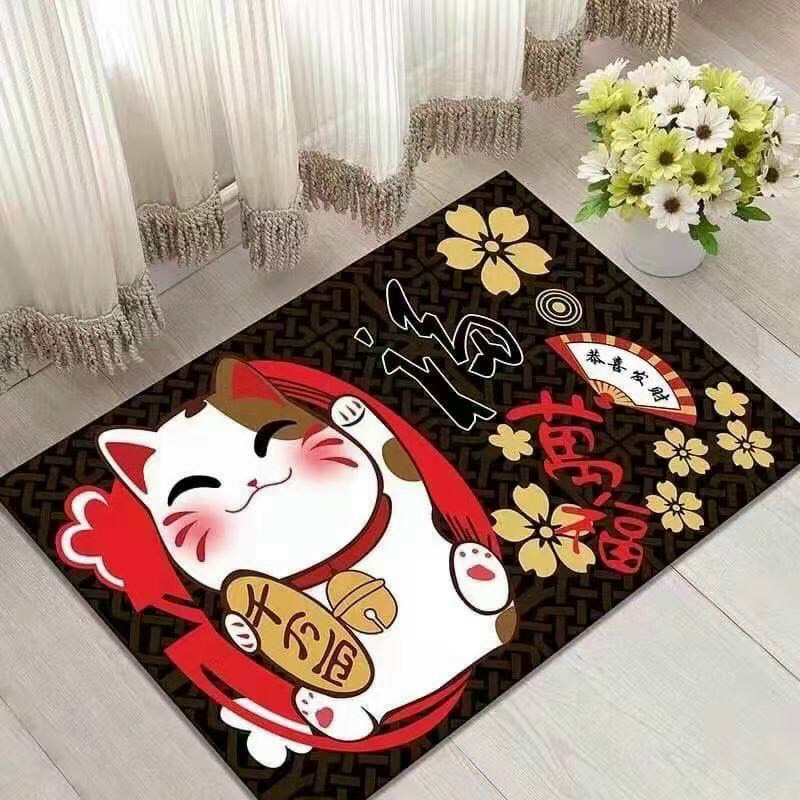 Thảm Nhà Bếp Mèo Thần Tài Vẫy Tay Maneki Neko Lau Chùi Chân Chống Trơn Trượt 40x60cm Trang Trí Nhà Cửa