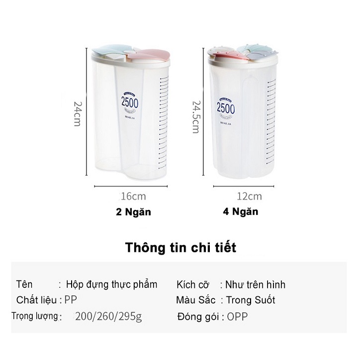 Hộp Đựng Đồ Khô, Gia Vị, Ngũ Cốc Chia Ngăn Chia Vạch Dung Tích 2500ML Cao Cấp